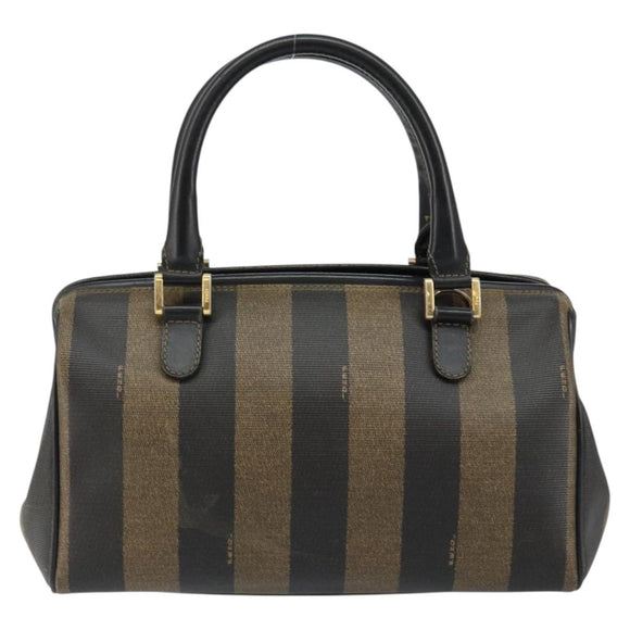 FENDI Pecan Canvas Hand Bag PVC Black Brown Auth 146279