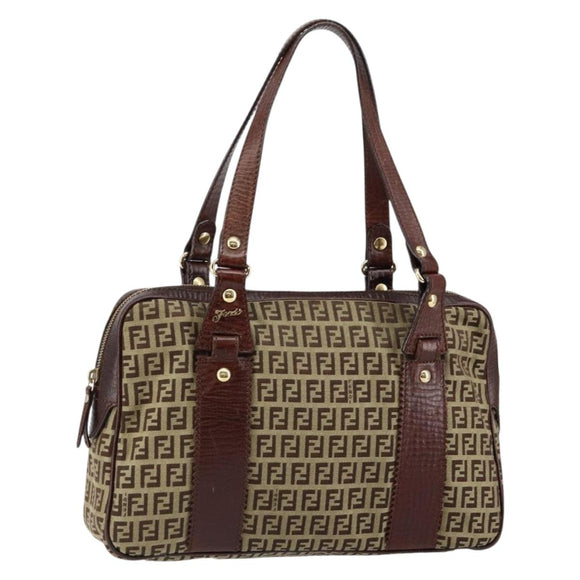FENDI Zucchino Canvas Tote Bag Brown Gold Auth 146282