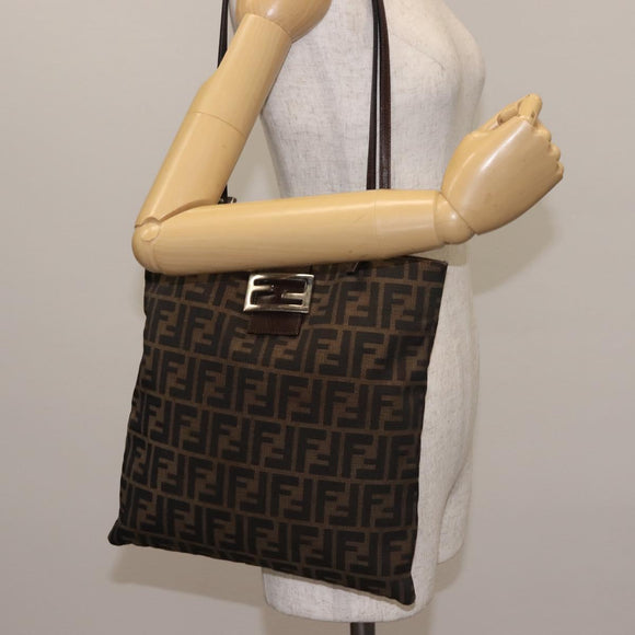 FENDI Zucca Canvas Mamma Baguette Tote Bag Black Brown Auth 146284