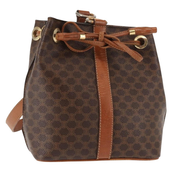 CELINE Macadam Canvas Shoulder Bag PVC Leather Brown Gold Auth 146286