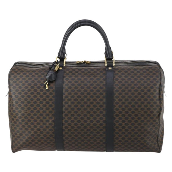 CELINE Macadam Canvas Boston Bag PVC Leather Black Gold Auth 146287