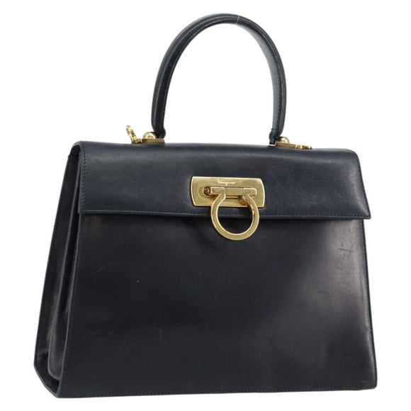 Salvatore Ferragamo Gancini Hand Bag Leather Navy Gold Auth 146338