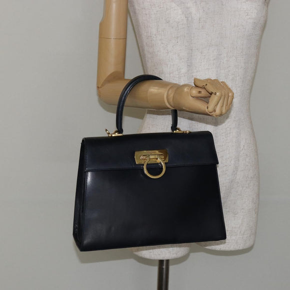 Salvatore Ferragamo Gancini Hand Bag Leather Navy Gold Auth 146338