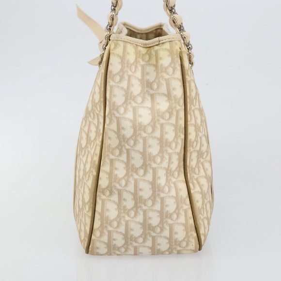 Christian Dior Trotter Canvas Romantic Chain Bag PVC Beige Silver Auth 146344