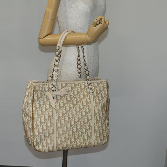 Christian Dior Trotter Canvas Romantic Chain Bag PVC Beige Silver Auth 146345