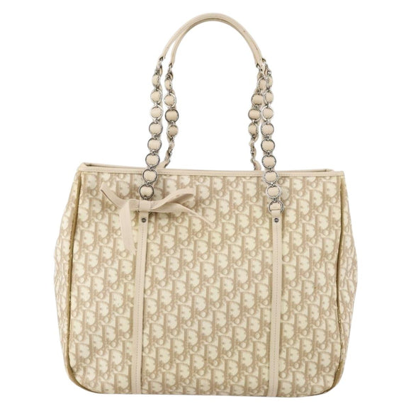 Christian Dior Trotter Canvas Romantic Chain Bag PVC Beige Silver Auth 146345