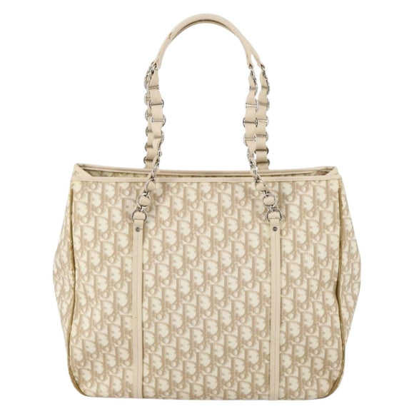 Christian Dior Trotter Canvas Romantic Chain Bag PVC Beige Silver Auth 146345
