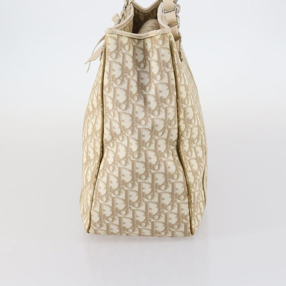 Christian Dior Trotter Canvas Romantic Chain Bag PVC Beige Silver Auth 146345