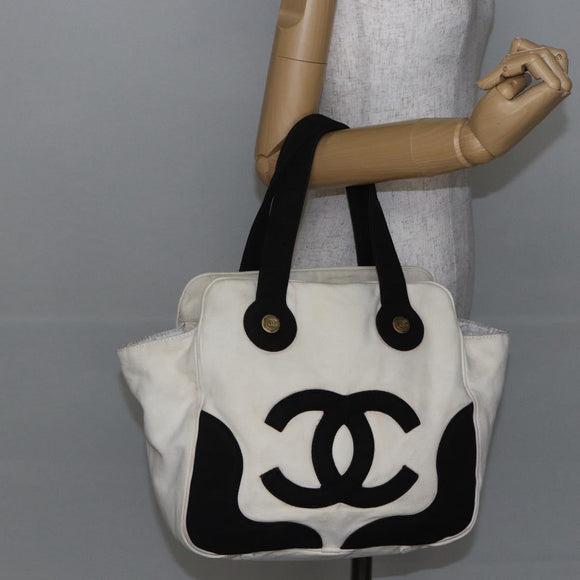 CHANEL marshmallow COCO Mark Hand Bag Canvas White Black CC Auth 146352