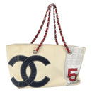 CHANEL Choco Bar Chain Tote Bag No5 Canvas White Silver CC Auth 146353-1