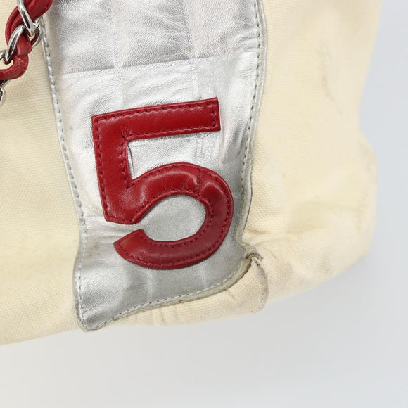 CHANEL Choco Bar Chain Tote Bag No5 Canvas White Silver CC Auth 146353