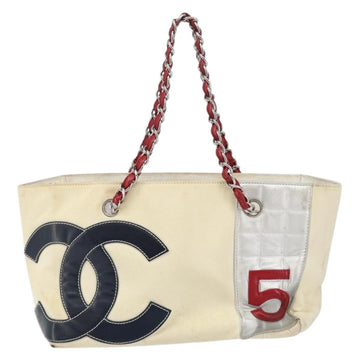 CHANEL Choco Bar Chain Tote Bag No5 Canvas White Silver CC Auth 146353 - 0