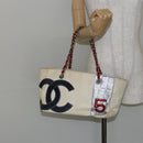 CHANEL Choco Bar Chain Tote Bag No5 Canvas White Silver CC Auth 146353-22