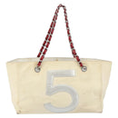 CHANEL Choco Bar Chain Tote Bag No5 Canvas White Silver CC Auth 146353-3