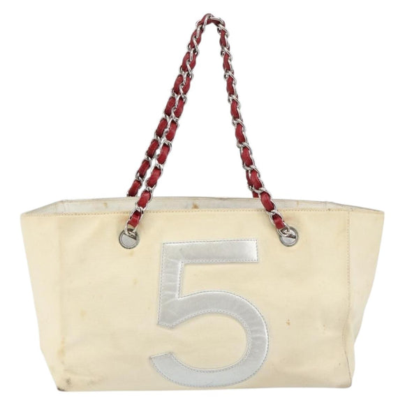 CHANEL Choco Bar Chain Tote Bag No5 Canvas White Silver CC Auth 146353
