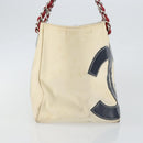 CHANEL Choco Bar Chain Tote Bag No5 Canvas White Silver CC Auth 146353-4