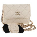 CHANEL Matelasse Camellia Chain Pouch Lamb Skin White Gold CC Auth 146359V-1