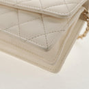 CHANEL Matelasse Camellia Chain Pouch Lamb Skin White Gold CC Auth 146359V-15