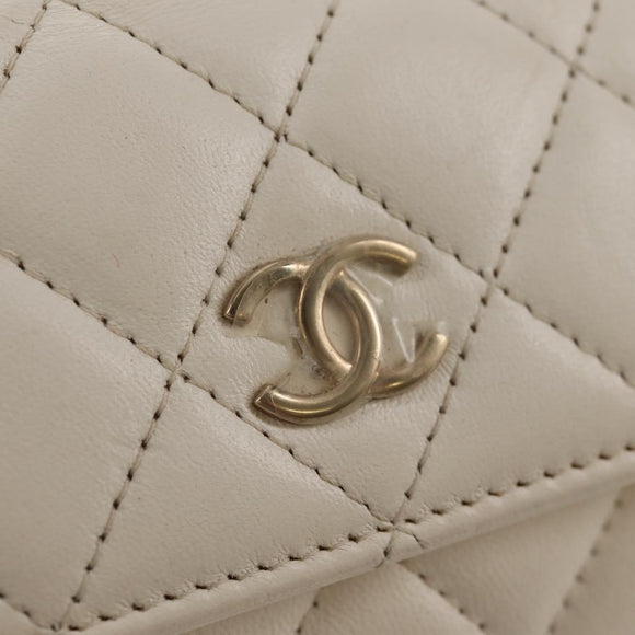 CHANEL Matelasse Camellia Chain Pouch Lamb Skin White Gold CC Auth 146359V