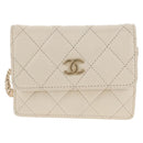 CHANEL Matelasse Camellia Chain Pouch Lamb Skin White Gold CC Auth 146359V-13