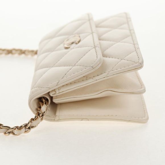 CHANEL Matelasse Camellia Chain Pouch Lamb Skin White Gold CC Auth 146359V