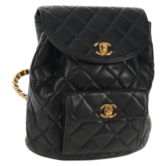 CHANEL Matelasse Chain Backpack Lamb Skin Black Gold CC Auth 146361AV