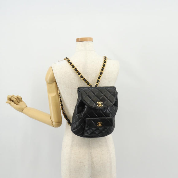 CHANEL Matelasse Chain Backpack Lamb Skin Black Gold CC Auth 146361AV