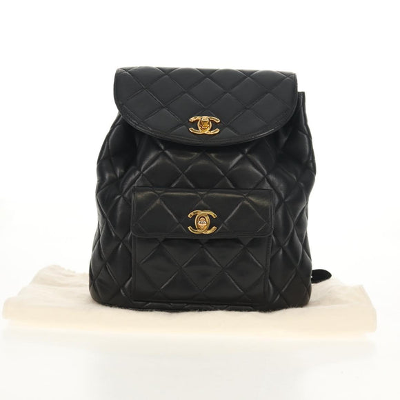 CHANEL Matelasse Chain Backpack Lamb Skin Black Gold CC Auth 146361AV
