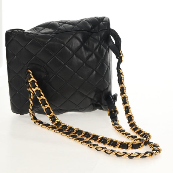 CHANEL Matelasse Chain Backpack Lamb Skin Black Gold CC Auth 146361AV