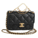 CHANEL Matelasse Pearl Charm Chain Bag Lamb Skin Black Gold CC Auth 146362SM-1