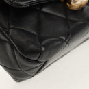 CHANEL Matelasse Pearl Charm Chain Bag Lamb Skin Black Gold CC Auth 146362SM-16
