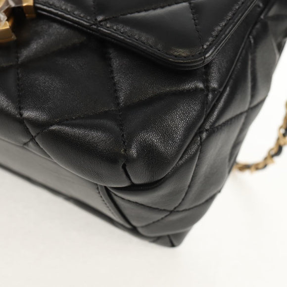 CHANEL Matelasse Pearl Charm Chain Bag Lamb Skin Black Gold CC Auth 146362SM