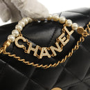 CHANEL Matelasse Pearl Charm Chain Bag Lamb Skin Black Gold CC Auth 146362SM-20