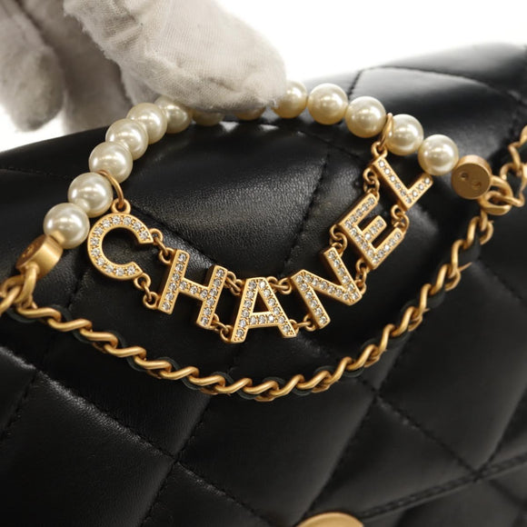 CHANEL Matelasse Pearl Charm Chain Bag Lamb Skin Black Gold CC Auth 146362SM