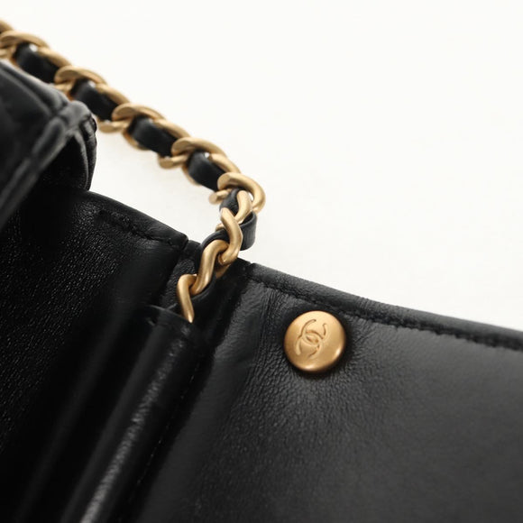 CHANEL Matelasse Pearl Charm Chain Bag Lamb Skin Black Gold CC Auth 146362SM