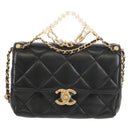 CHANEL Matelasse Pearl Charm Chain Bag Lamb Skin Black Gold CC Auth 146362SM-14