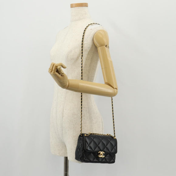 CHANEL Matelasse Pearl Charm Chain Bag Lamb Skin Black Gold CC Auth 146362SM