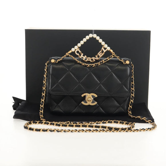 CHANEL Matelasse Pearl Charm Chain Bag Lamb Skin Black Gold CC Auth 146362SM