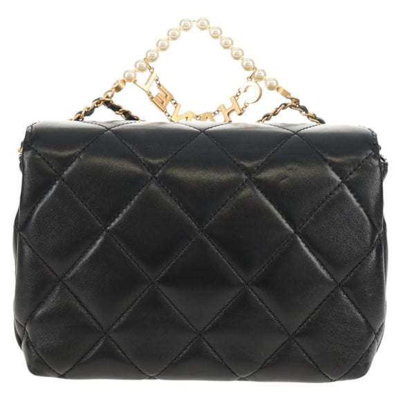 CHANEL Matelasse Pearl Charm Chain Bag Lamb Skin Black Gold CC Auth 146362SM