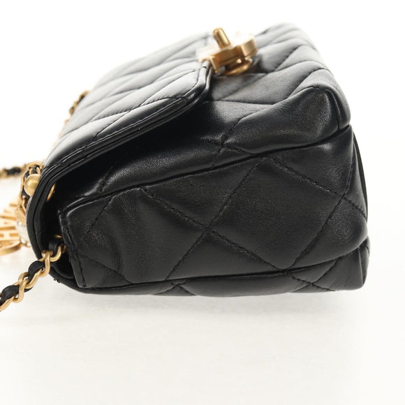 CHANEL Matelasse Pearl Charm Chain Bag Lamb Skin Black Gold CC Auth 146362SM
