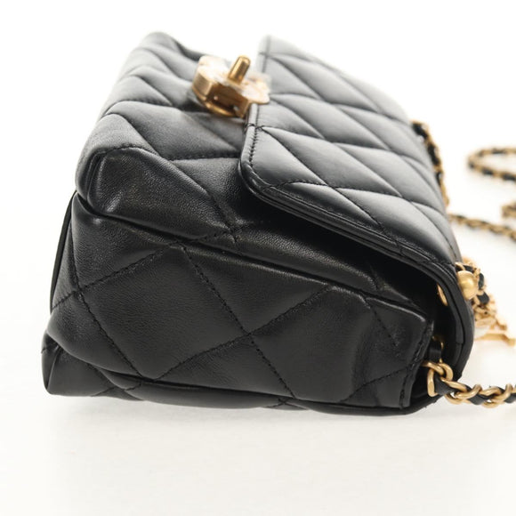 CHANEL Matelasse Pearl Charm Chain Bag Lamb Skin Black Gold CC Auth 146362SM