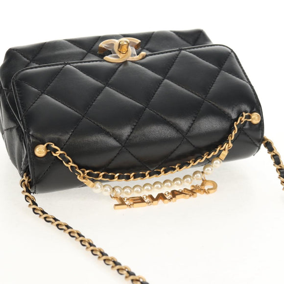CHANEL Matelasse Pearl Charm Chain Bag Lamb Skin Black Gold CC Auth 146362SM