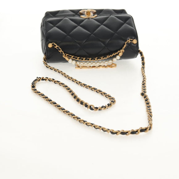 CHANEL Matelasse Pearl Charm Chain Bag Lamb Skin Black Gold CC Auth 146362SM