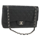 CHANEL Matelasse 30 Double Flap Chain Bag Caviar Skin Black CC Auth 146363SM-1