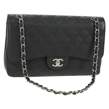 CHANEL Matelasse 30 Double Flap Chain Bag Caviar Skin Black CC Auth 146363SM
