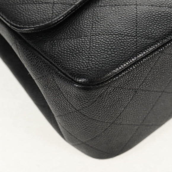 CHANEL Matelasse 30 Double Flap Chain Bag Caviar Skin Black CC Auth 146363SM