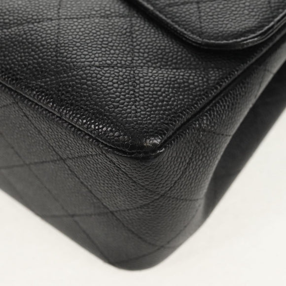 CHANEL Matelasse 30 Double Flap Chain Bag Caviar Skin Black CC Auth 146363SM