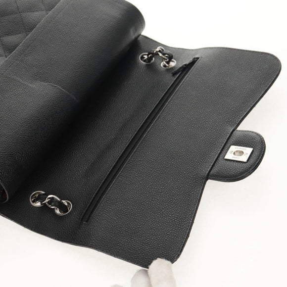 CHANEL Matelasse 30 Double Flap Chain Bag Caviar Skin Black CC Auth 146363SM