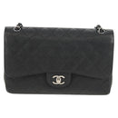 CHANEL Matelasse 30 Double Flap Chain Bag Caviar Skin Black CC Auth 146363SM-3