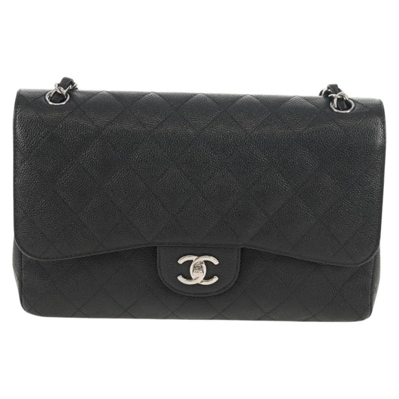 CHANEL Matelasse 30 Double Flap Chain Bag Caviar Skin Black CC Auth 146363SM